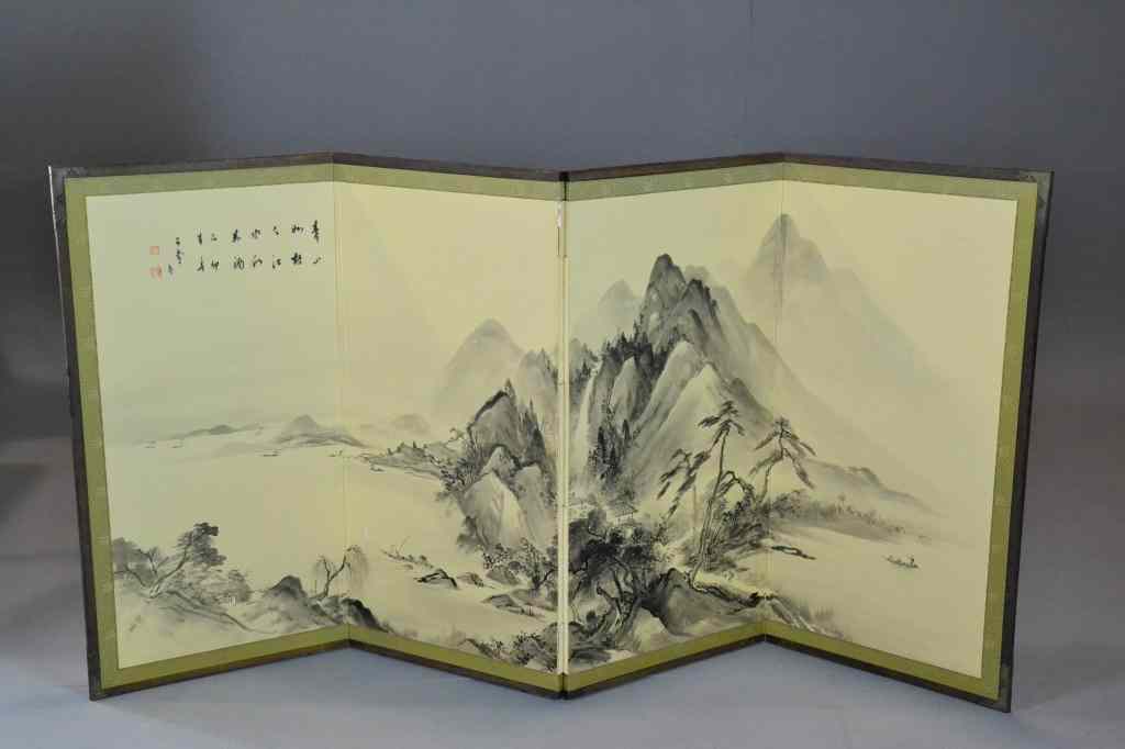 Appraisal: Chinese Four-Panel Sumi Wall ScreenBlack and white watercolor painting of