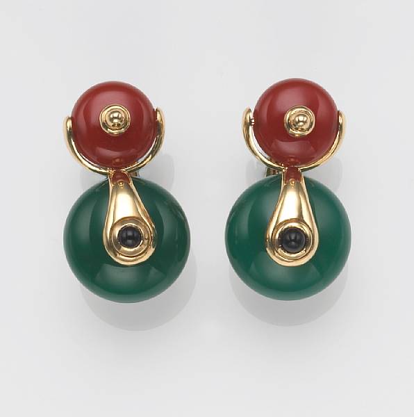 Appraisal: A pair of chalcedony carnelian sapphire and k gold earrings