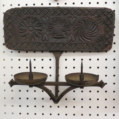 Appraisal: Pair of Early Wall Sconces carved shortbread boards candlepricks approx