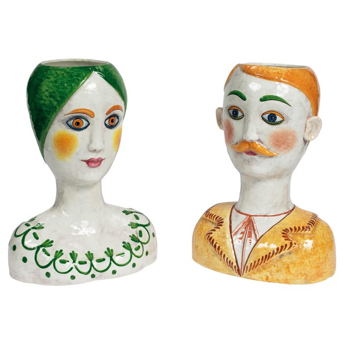 Appraisal: Horchow bust planters vases two ceramic with hand-painted decoration s