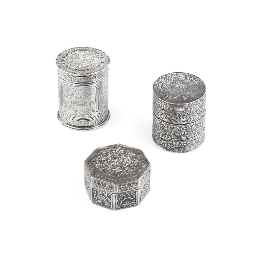 Appraisal: GROUP OF THREE EXPORT SILVER BOXES AND COVERS LATE QING