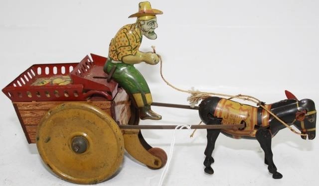 Appraisal: FERDINAND STRAUSS VEGETABLE CART WITH DRIVER ANDDONKEY WORKING CONDITION NICE