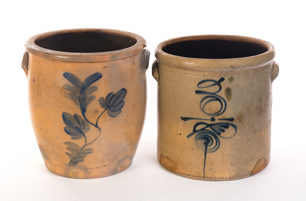 Appraisal: TWO STONEWARE JARS WITH FREEHAND COBALT DECORATION American nd half-