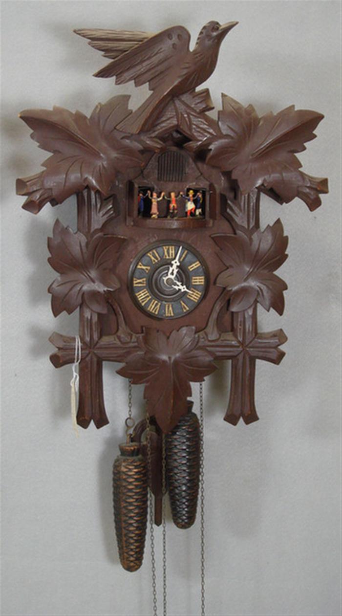 Appraisal: Carved Black Forest cuckoo clock bird oak leaf crest musical