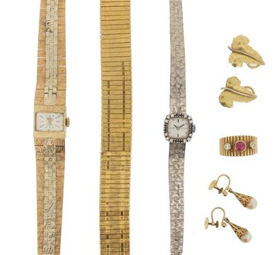 Appraisal: A gold strap bracelet two gold ladies wristwatches a ring