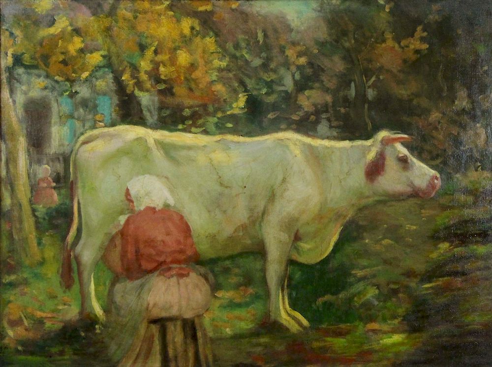 Appraisal: APPARENTLY UNSIGNED th CENTURY Oil on Canvas Woman Milking Cow