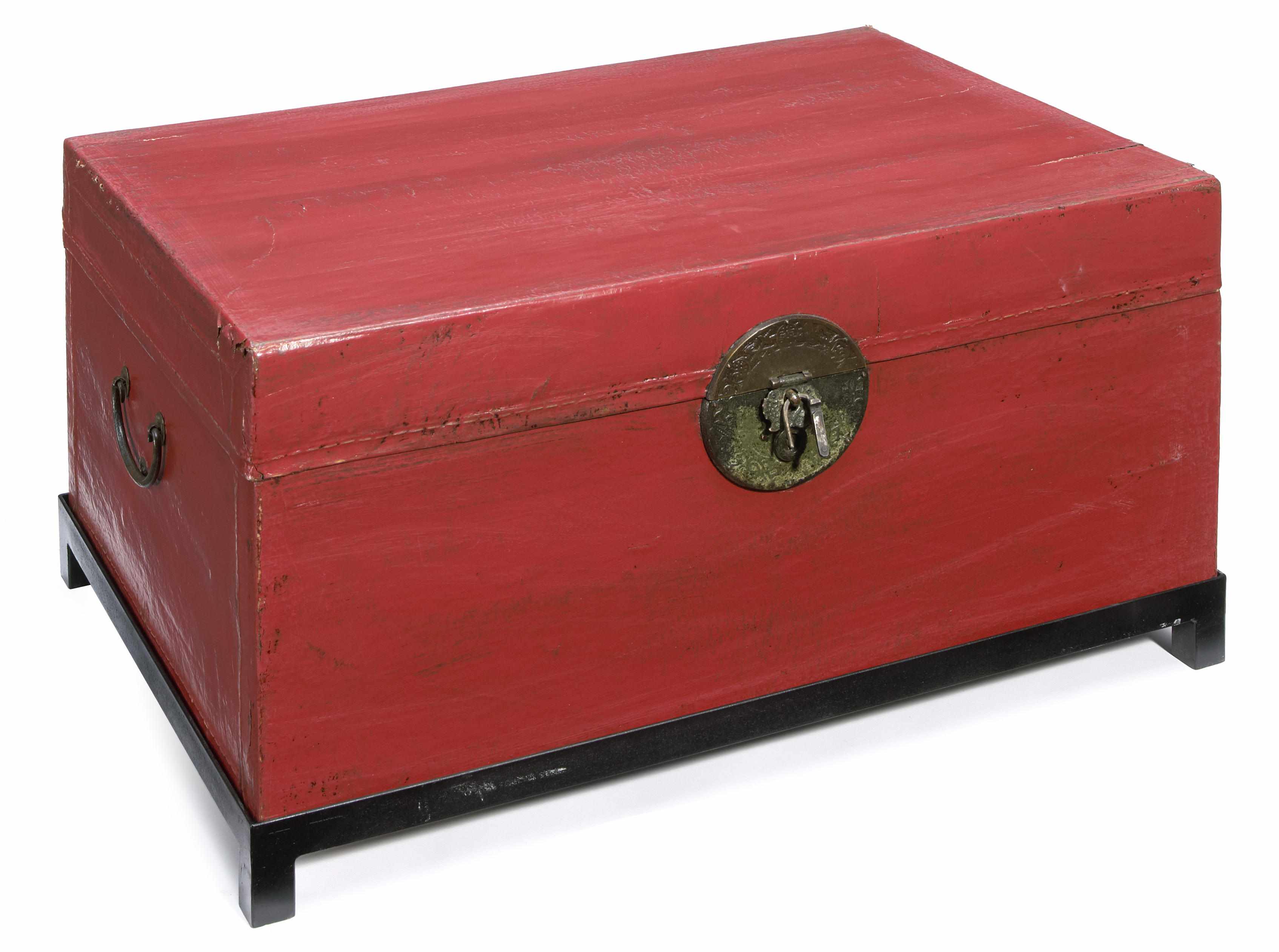 Appraisal: A coral painted and gilt decorated hide trunk on later