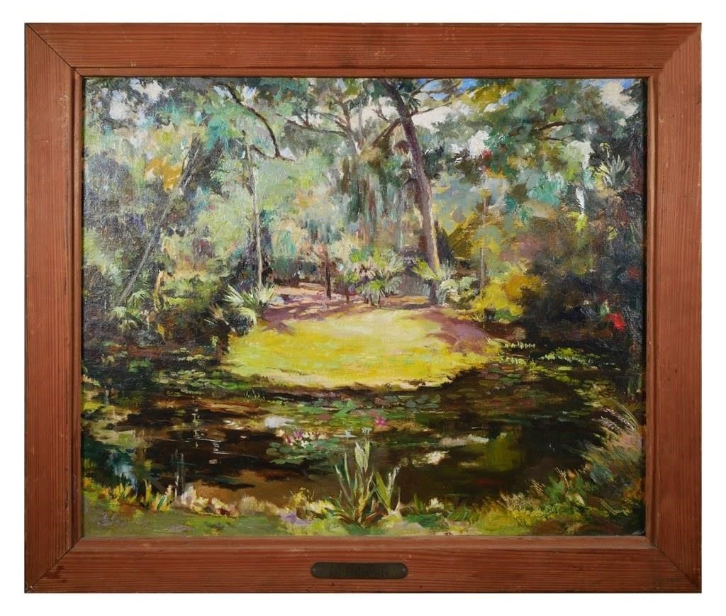 Appraisal: Oil on board landscape of a forest clearing with palms