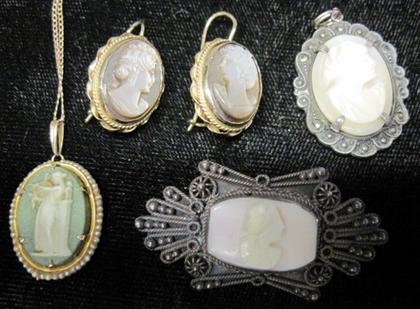 Appraisal: Group of five cameosIncluding a Wedgwood seed pearl cameo pendant