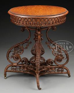 Appraisal: OUTSTANDING VICTORIAN FANCY WICKER AND OAK ROUND STAND The round