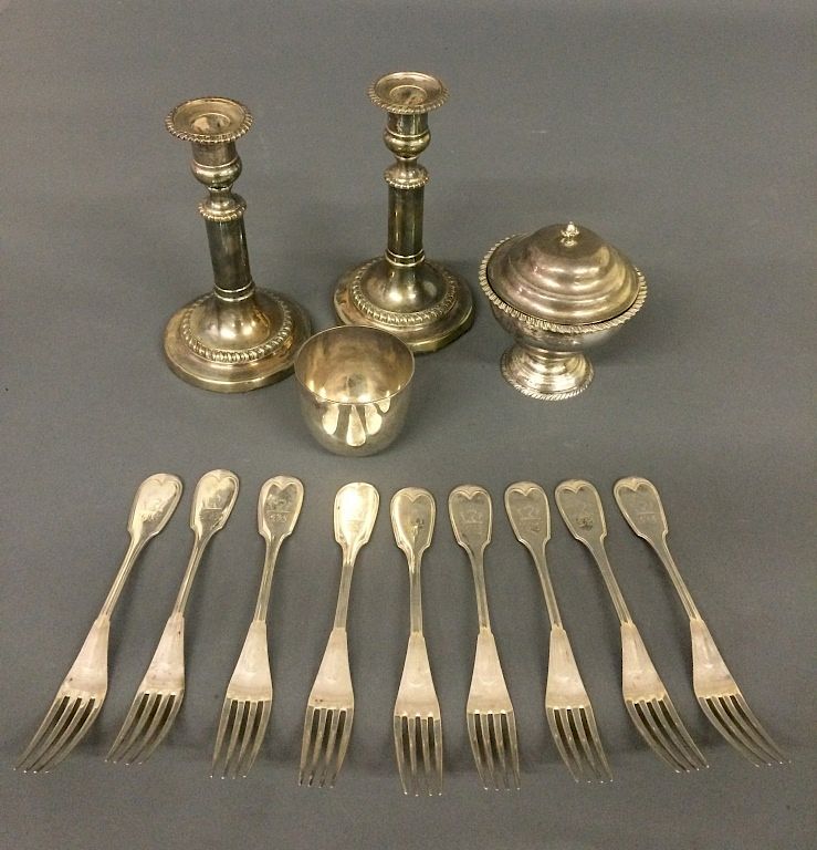 Appraisal: Miscellaneous Grouping of Silver Pair of English weighted silver candlesticks