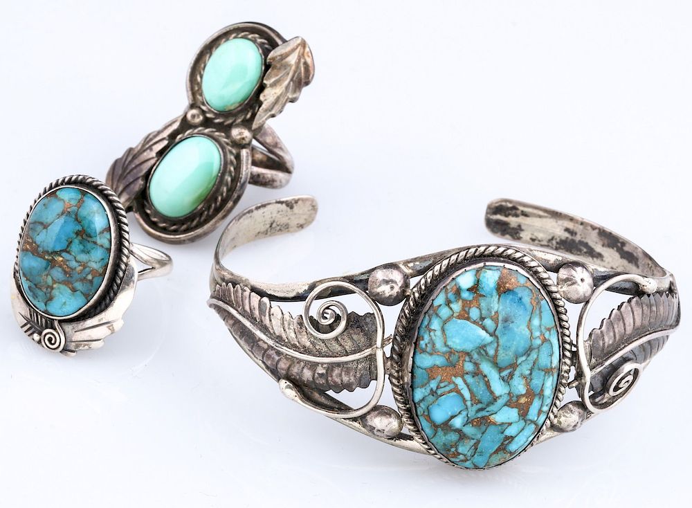 Appraisal: NATIVE STERLING BRACELET AND RINGS WITH TURQUOISE The Copper Composite