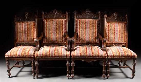 Appraisal: Set of eight Jacobean Revival carved oak upholstered dining chairs