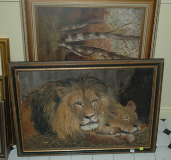 Appraisal: THREE EDWARDIAN OIL PAINTINGS King of the Beasts by W