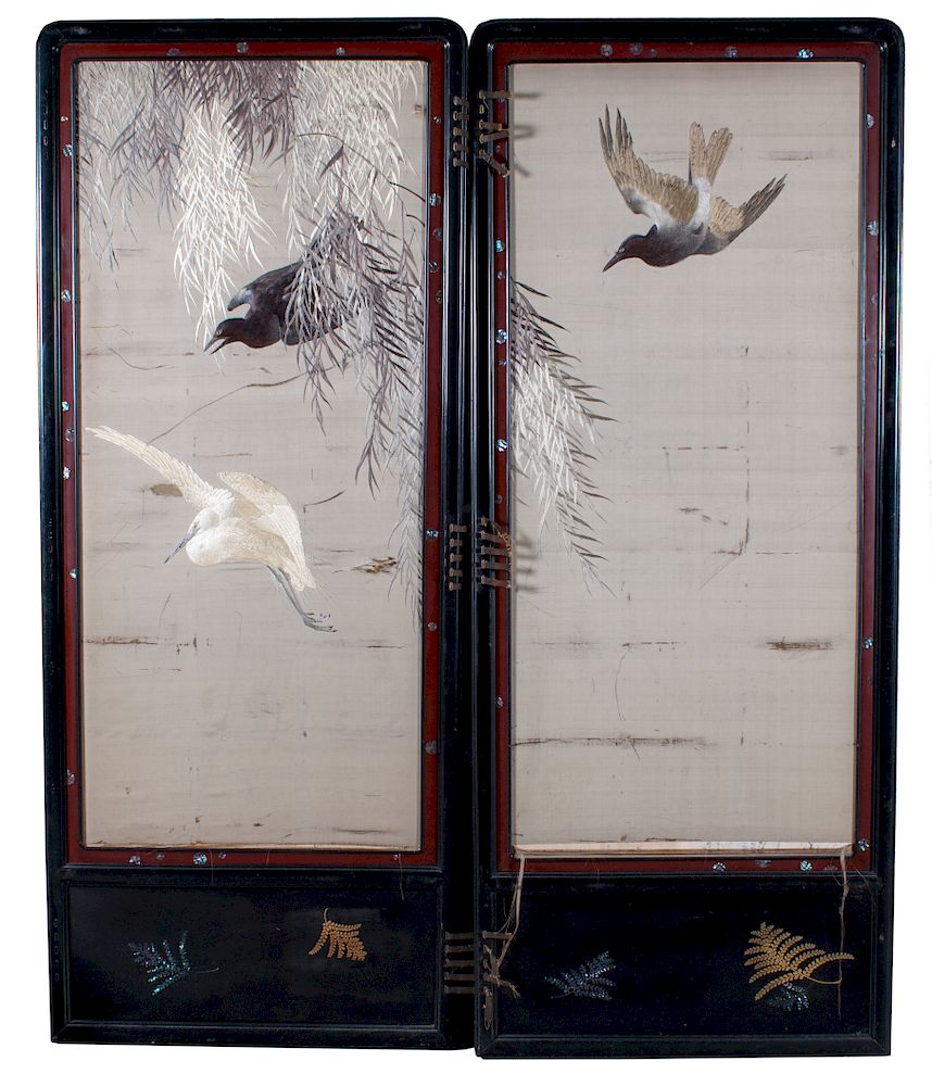 Appraisal: Two Panel Screen th Century Japanese Silk Embroidery Birds in