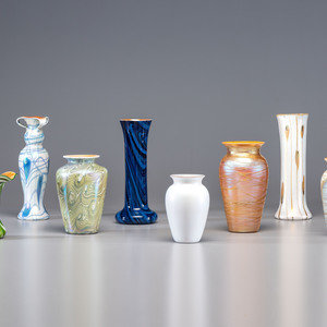 Appraisal: Eight American Art Glass Vases th Century one marked Durandt