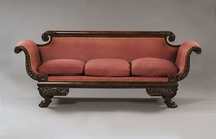 Appraisal: AMERICAN CLASSICAL CARVED MAHOGANY SOFA PROBABLY MASSACHUSETTS The cylindrical figured