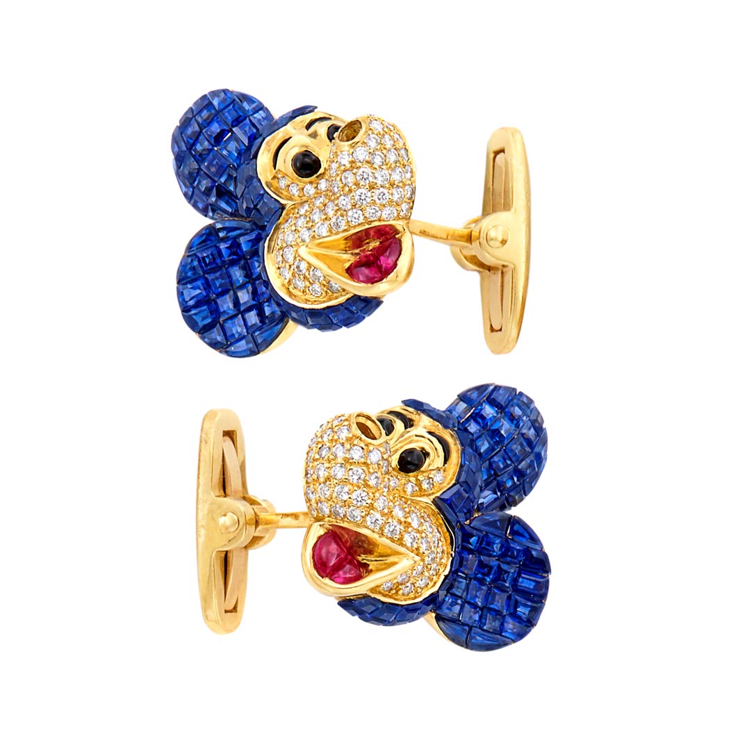 Appraisal: Pair of Gold Invisibly-Set Sapphire Diamond Cabochon Ruby and Black