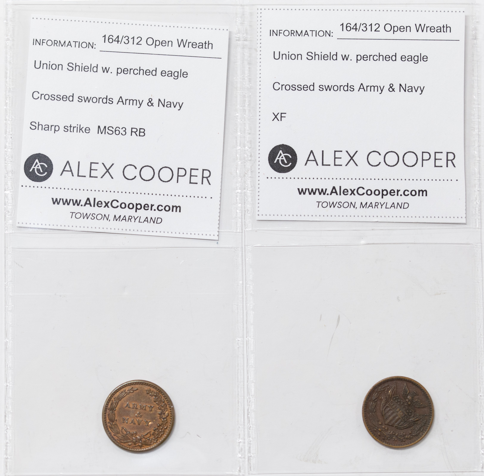 Appraisal: TWO CIVIL WAR TOKENS F- MS RB XF Open Wreath