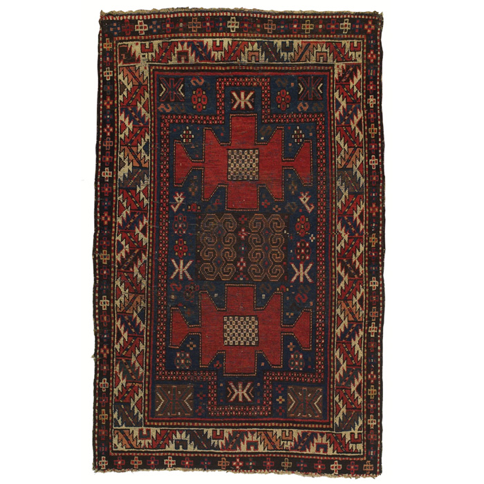 Appraisal: Kurdish Kazak rug c geometric design on a navy field