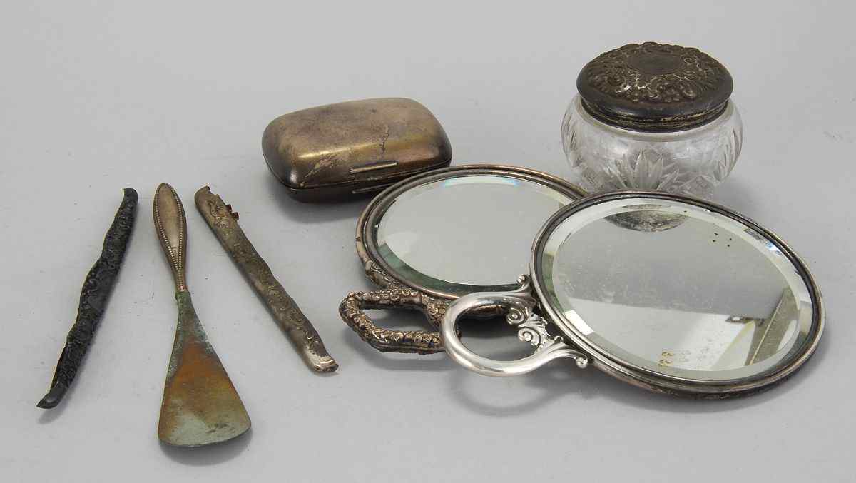 Appraisal: THREE STERLING SILVER AND GLASS DRESSER ITEMS Two hand mirrors