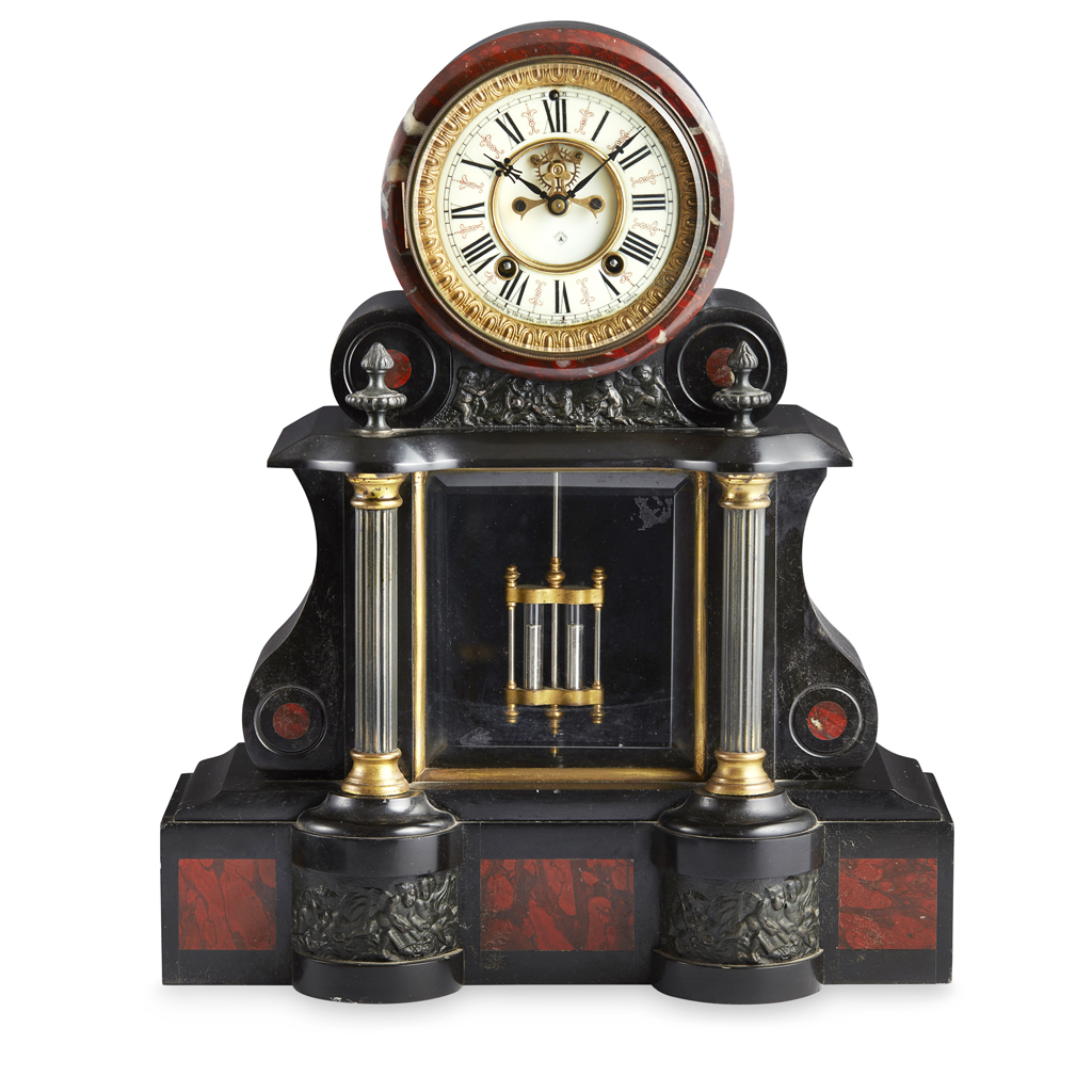 Appraisal: AMERICAN SLATE AND ROUGE MARBLE MANTEL CLOCK BY ANSONIA CLOCK