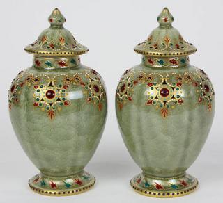 Appraisal: Pair of KPM jeweled porcelain lidded urns Pair of KPM