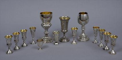 Appraisal: THREE CONTINENTAL SILVER GOBLETS AND ELEVEN LIQUEURS The largest with