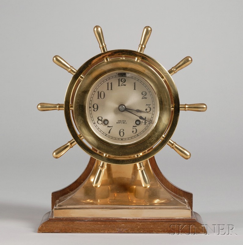 Appraisal: Chelsea Ship's Bell Clock with nautical wheel case hinged bezel