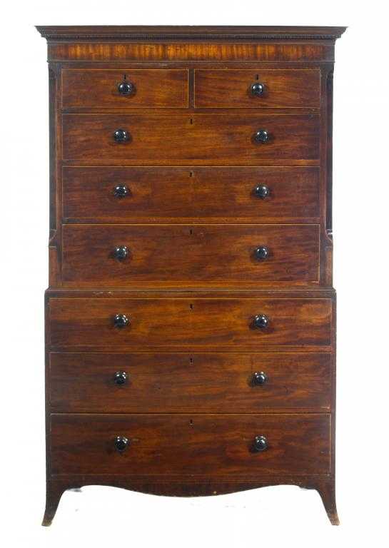 Appraisal: A GEORGE III MAHOGANY AND LINE INLAID CHEST-ON-CHEST with dentil