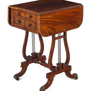 Appraisal: A Regency Style Figured Mahogany Two-Drawer Lyre-Base Work Table Late