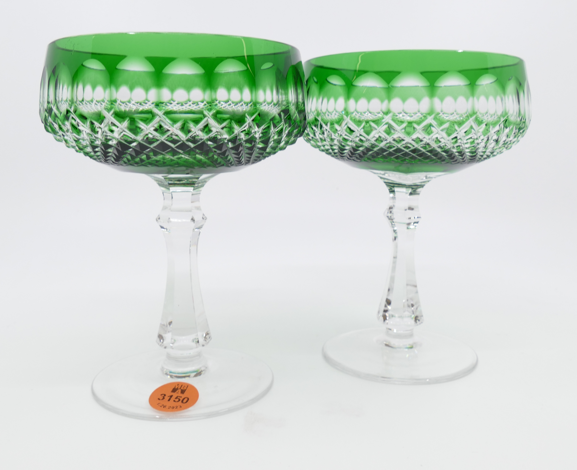 Appraisal: Pair Czech Cut-to-Clear Green Crystal Coupe Glasses- x ''