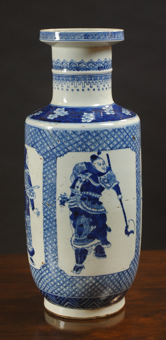 Appraisal: CHINESE QING PORCELAIN BLUE AND WHITE VASE rouleau form featuring