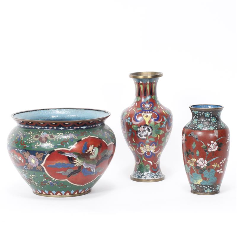 Appraisal: Three Japanese Polychrome Cloisonne items Two vases and one jardiniere