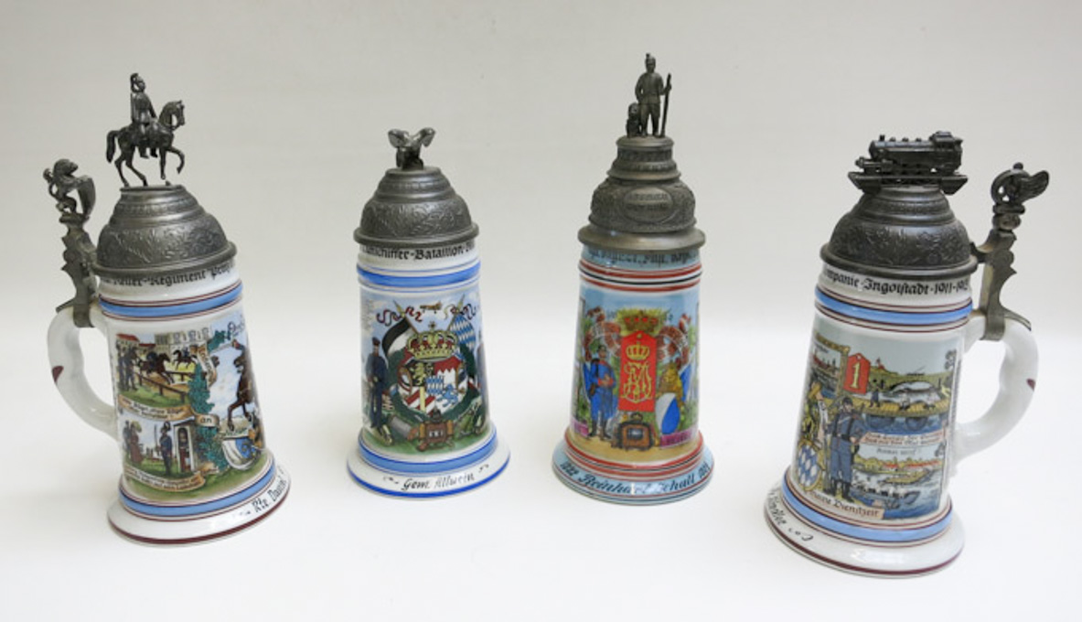 Appraisal: FOUR GERMAN PORCELAIN REGIMENTAL LITHOPHANE STEINS all with pewter lids