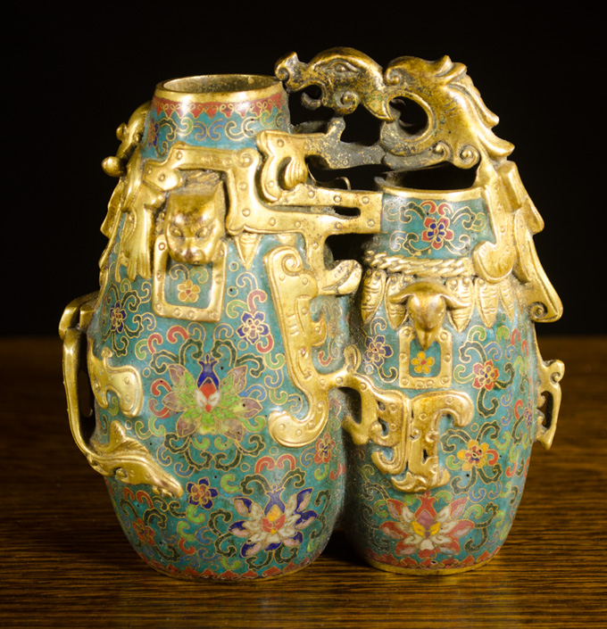 Appraisal: CHINESE CLOISONNE AND GILT BRONZE DOUBLE VASE featuring two small