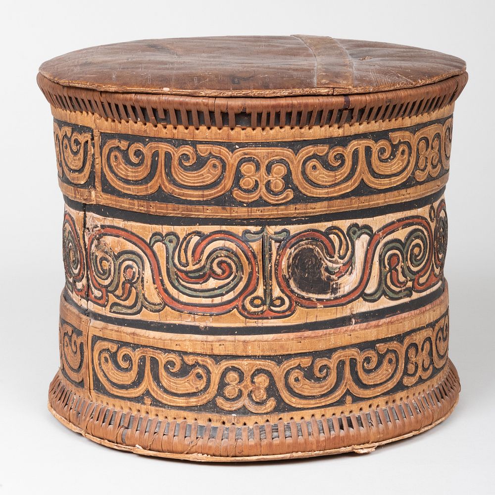 Appraisal: Ethnographic Polychrome Decorated Bark and Rattan Box x in diam