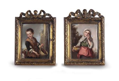 Appraisal: A pair of mid th century enamel miniatures after Murrillo