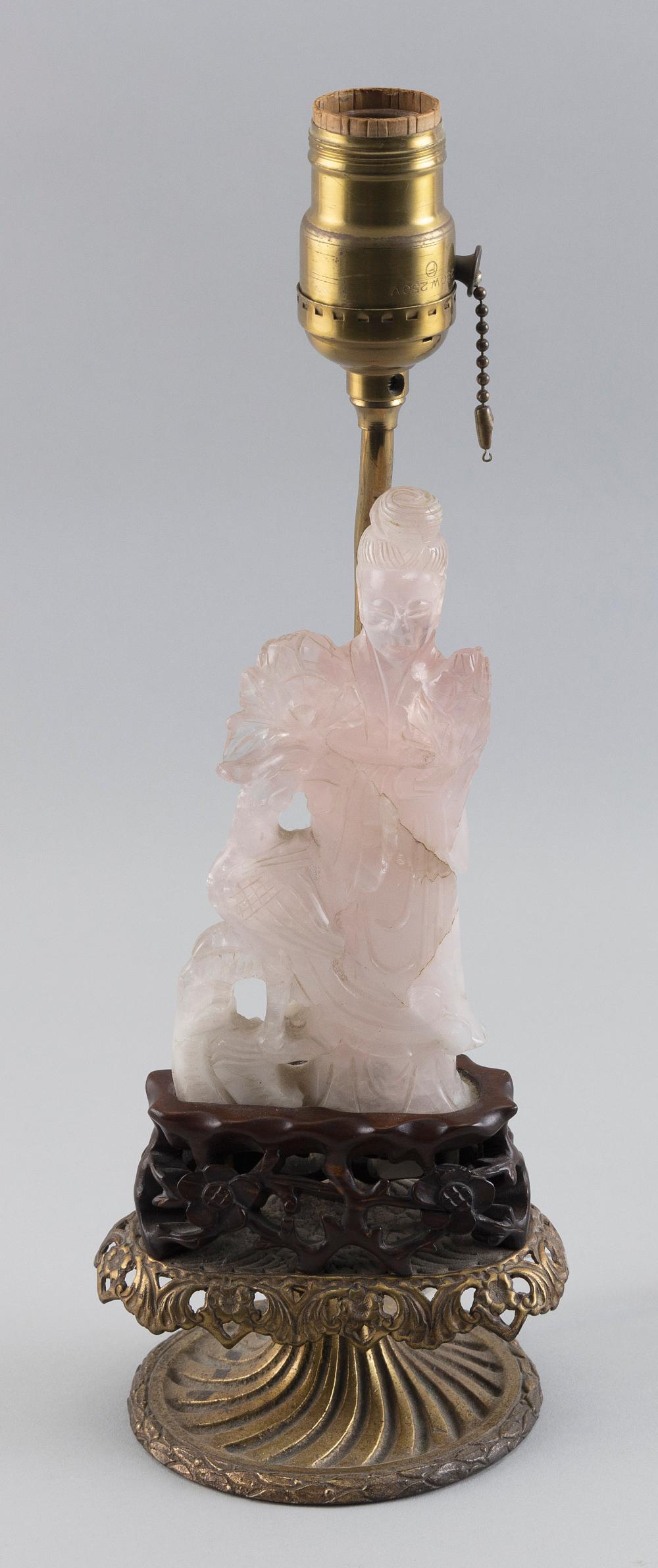 Appraisal: CHINESE CARVED PINK QUARTZ FIGURE OF GUANYIN HEIGHT MOUNTED AS