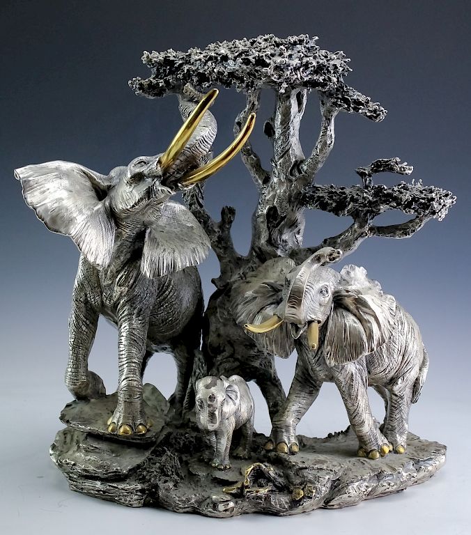 Appraisal: Brunel Silver African Elephant Group Art Sculpture Stunning original Brunel