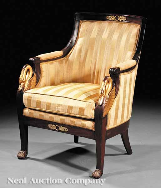 Appraisal: A French Empire Mahogany and Parcel Gilt Swan-Carved Berg re