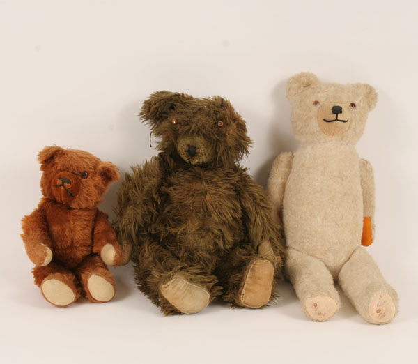 Appraisal: Three early plush and mohair jointed teddy bears glass eyes