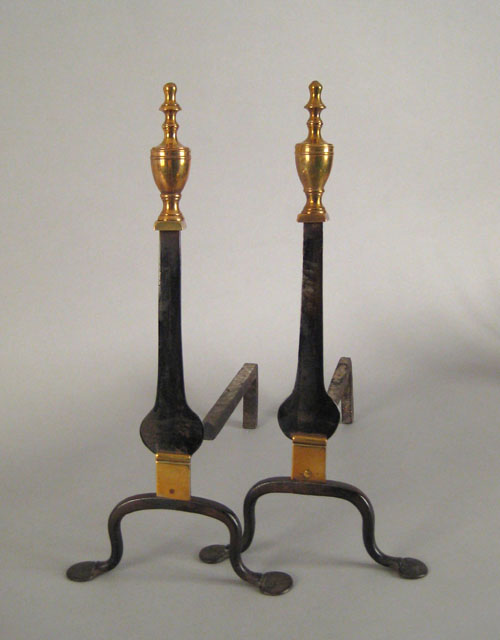 Appraisal: Pair of brass and wrought iron knife blade andirons late