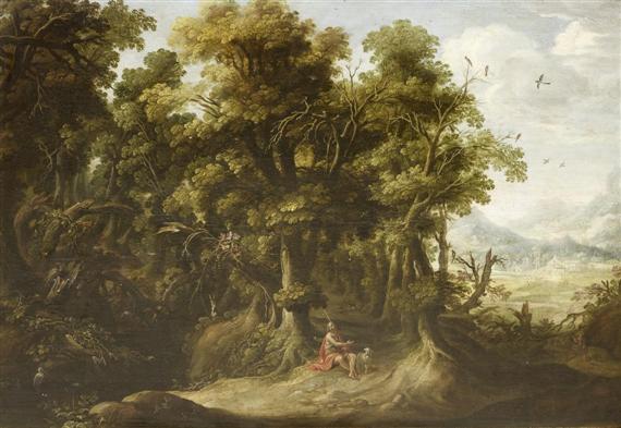 Appraisal: Follower of GOVAERTS ABRAHAM Antwerp Forest landscape with John the