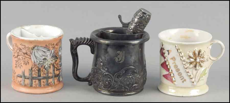 Appraisal: SILVERPLATE SHAVING MUG AND BRUSH Together with two porcelain shaving