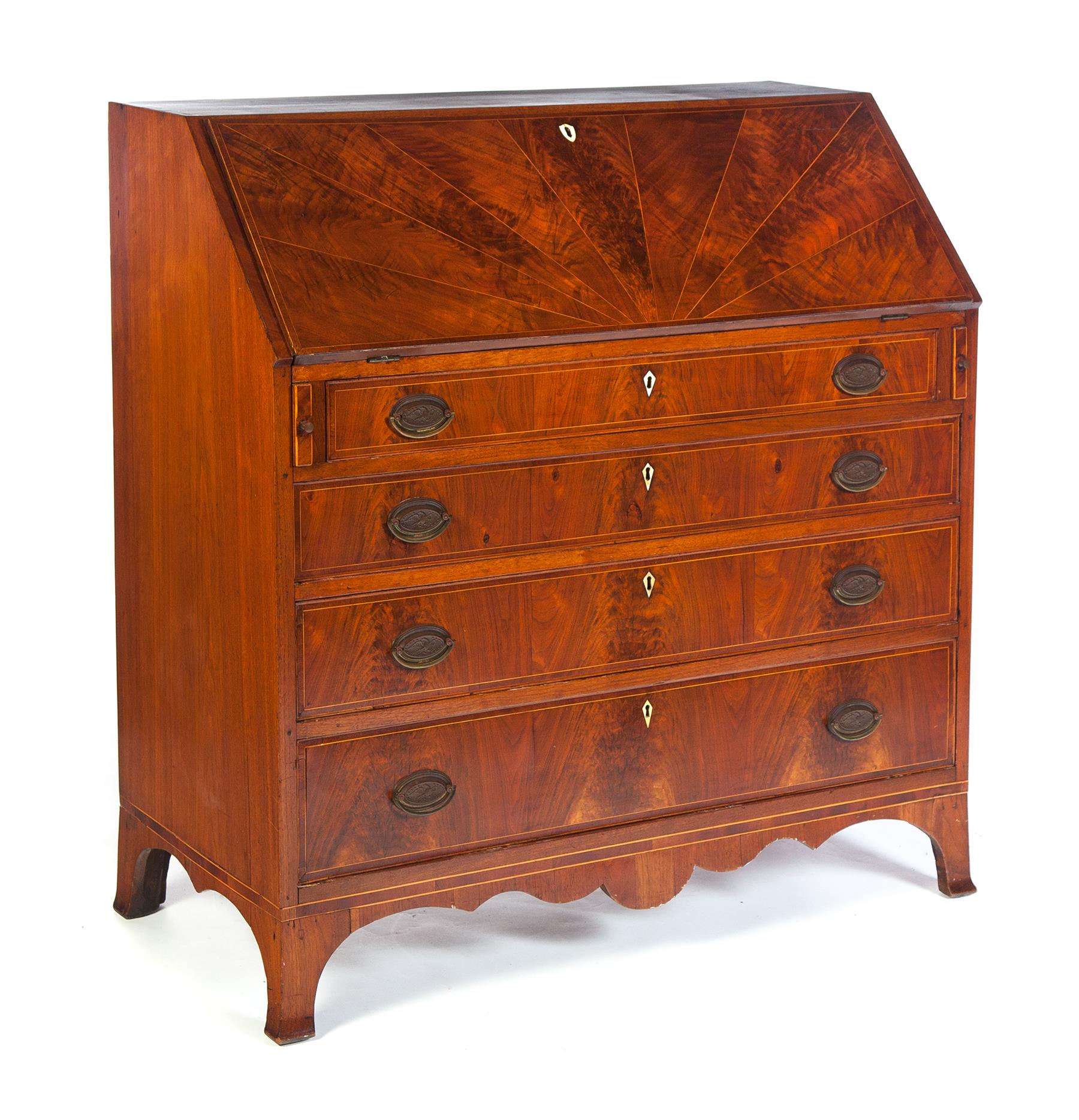 Appraisal: AMERICAN HEPPLEWHITE SLANT FRONT DESK Ca mahogany with cherry secondary