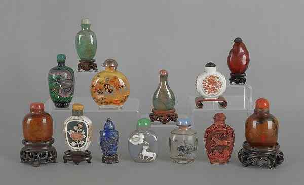 Appraisal: Thirteen Chinese snuff bottles to include hardstone glass cinnabar and