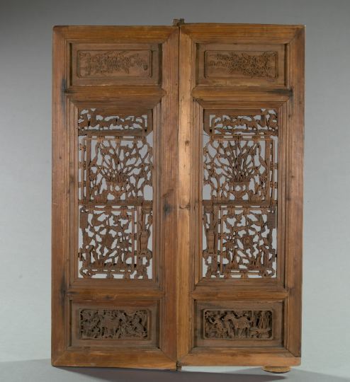 Appraisal: Good Pair of Xian-Feng Elaborately Carved and Pierced Cypress Cabinet