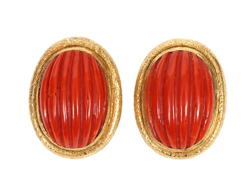 Appraisal: PR K YG CARVED RED CORAL CLIP EARRINGSPair of K