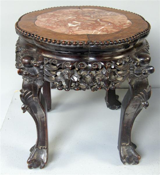 Appraisal: Chinese circular hardwood stand with carved decoration and inset marble